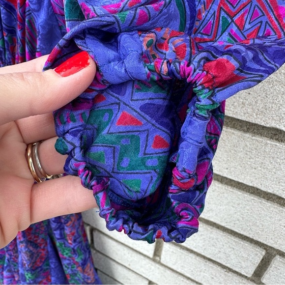 1980’s Rare Vintage Diane Freis Silk Dolman V-Neck Godet Dress Purple Abstract - Picture 10 of 11